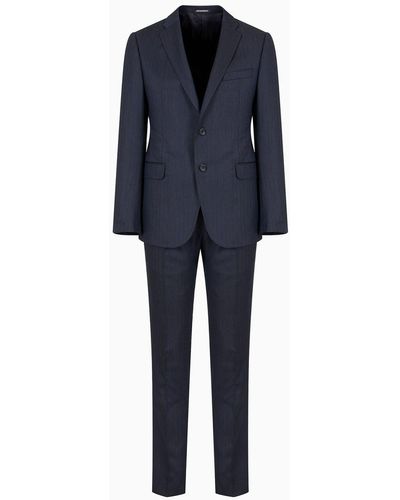 Emporio Armani Single-breasted, Slim-fit Suit In Superfine Wool With A Striped Chevron Motif - Blue