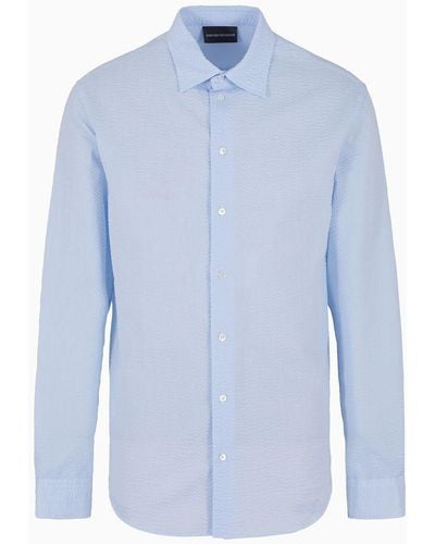 Emporio Armani Cotton-seeksucker Shirt With Classic Collar - Blue
