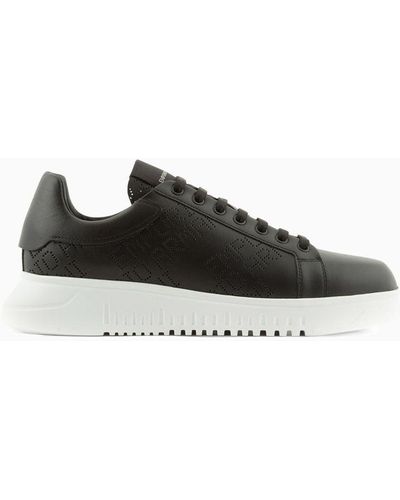 Emporio Armani Leather Trainers With Micro-perforated Logo Lettering - Black
