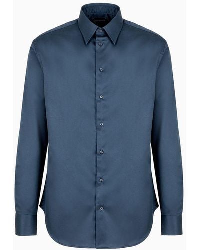 Emporio Armani Modern-fit, Stretch-cotton, Non-iron Shirt With A Stiff Collar - Blue