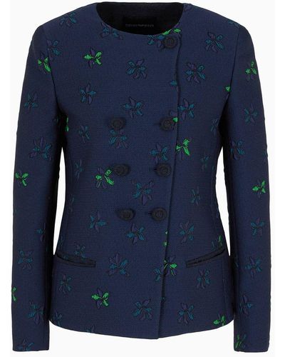 Emporio Armani Double-breasted Jacket In Jacquard Fabric With A Floral Pattern - Blue