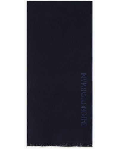 Emporio Armani Wool Scarf With Jacquard Logo Lettering - Blue