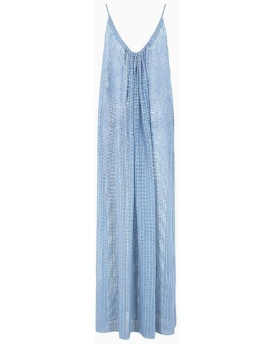 Emporio Armani Plain Knit And Ottoman Long Dress With All-over Rhinestones - Blue