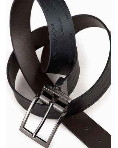 Emporio Armani Reversible Leather Belt With Embossed Logo Lettering - Black