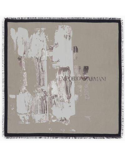 Emporio Armani Printed Silk Foulard With Fringed Edges - Gray