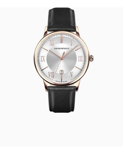Emporio Armani Reloj De Piel Negra De Tres ecillas Y Función De Fecha De Fabricación Suiza - Blanco
