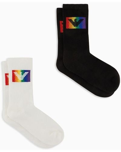Emporio Armani Two-pack Of Terrycloth Socks With Rainbow Sports Logo - Black