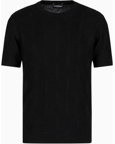 Emporio Armani Embossed Textured Lyocell-blend Sweater With An Op-art Motif - Black