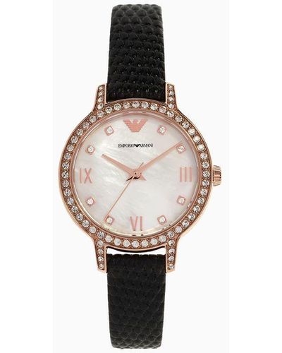 Emporio Armani Orologio A Tre Sfere Con Cinturino In Pelle Nera - Bianco