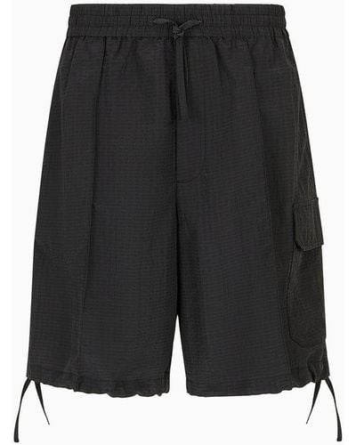 Emporio Armani Bermuda Shorts In Light Nylon Seersucker With Ribs And An Elasticated Waist - Black
