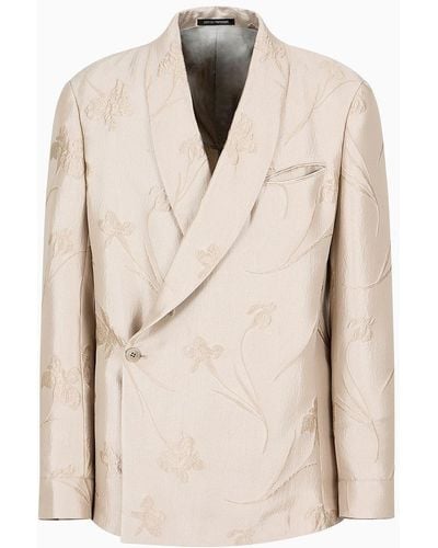 Emporio Armani Floral Jacquard Silk-blend Jacket With Shawl Collar And Wrap Closure - Natural