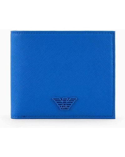 Emporio Armani Asv Regenerated Saffiano Leather Card Holder Wallet With Rubberised Eagle - Blue