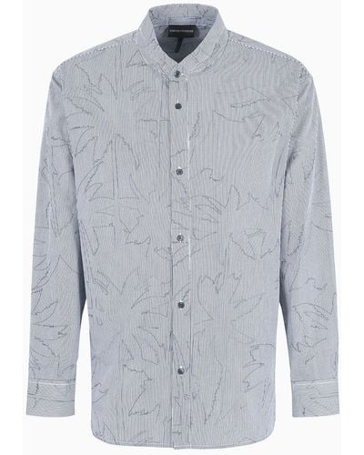 Emporio Armani Comfort-fit Shirt With Guru Collar In Striped Cotton With A Palm-tree Print - Blue