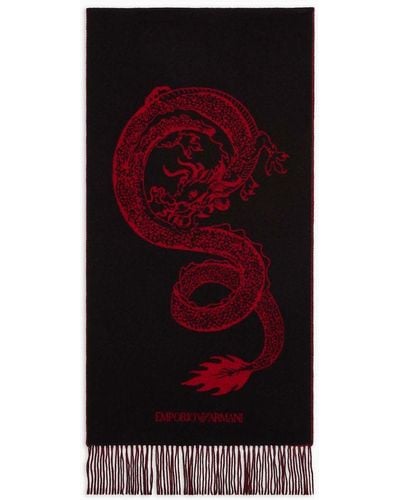 Emporio Armani Virgin-wool Scarf With Jacquard Dragon - Red
