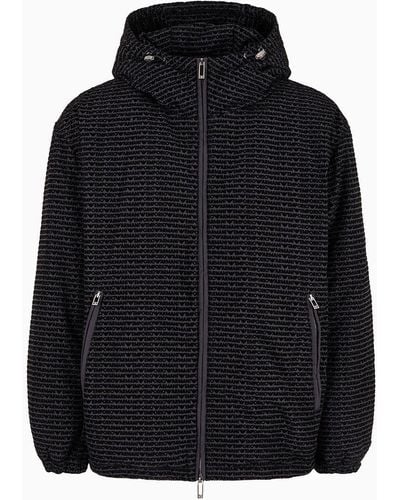 Emporio Armani Hooded Jacket In Crinkled Nylon With All-over Flocked Logo Lettering - Black