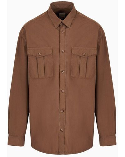 Emporio Armani Sustainability Values Capsule Collection Garment-dyed Organic Poplin Shirt With Pockets - Brown