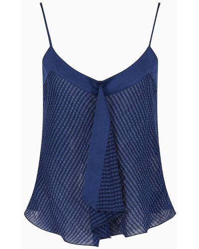Emporio Armani Ruffle Top In Gingham-effect Seersucker Fabric - Blue