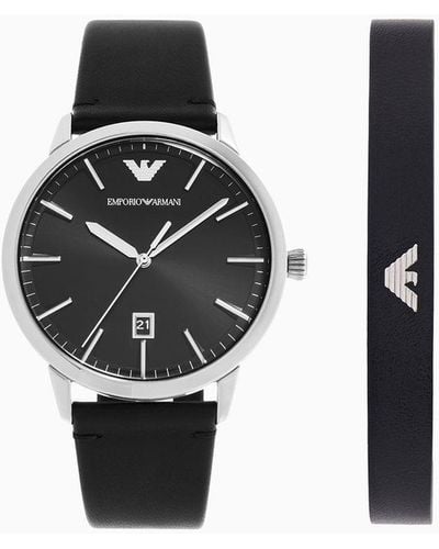 Emporio Armani Three-hand Date Black Leather Watch And Bracelet Set