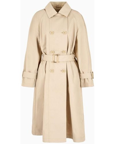Emporio Armani Double-breasted Trench Coat With Belt In Water-repellent Technical Cotton - Natural