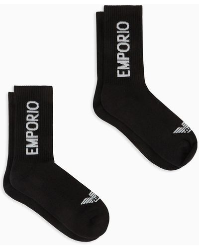 Emporio Armani Two-pack Of Terry Socks With Sports Logo Lettering - Black