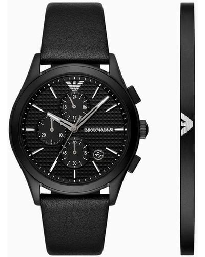 Emporio Armani Chronograph Black Leather Watch And Bracelet Set