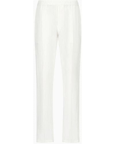 Emporio Armani Crêpe-effect Faded Linen Trousers With Ribbing - White