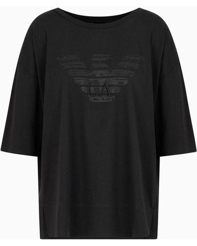 Emporio Armani Camiseta De Corte Ancho Con Estampado Grande De Águila Con Strass Y Logotipo Bordado - Negro