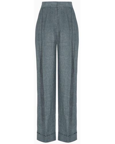 Emporio Armani Faded Linen Trousers With Darts And Turn-ups - Blue