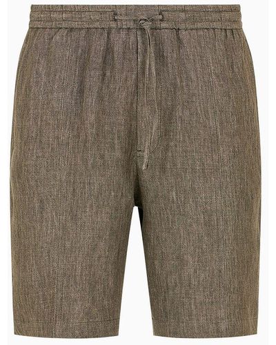 Emporio Armani Bermuda Shorts In Faded Linen With A Crêpe Texture, With Drawstring - Grey
