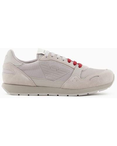 Emporio Armani Mesh Trainers With Suede Details And Eagle Patch - White