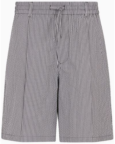 Emporio Armani Drawstring Bermuda Shorts In Striped Seersucker Fabric - Grey