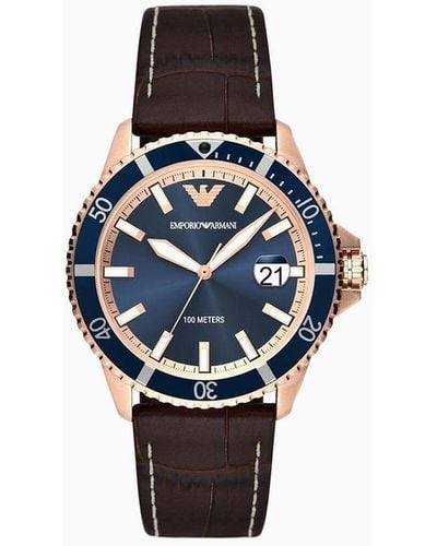 Emporio Armani Three-hand Date Brown Leather Watch - Blue