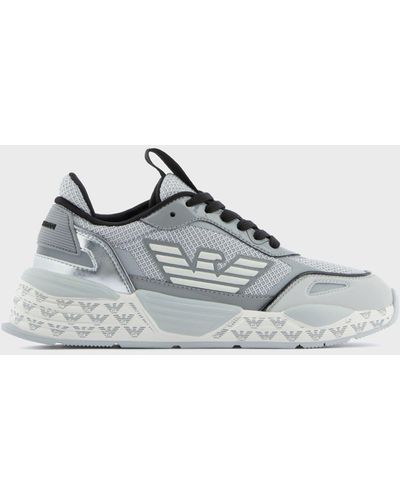 Emporio Armani Nubuck Trainers With Mesh And Patent Details - Grey