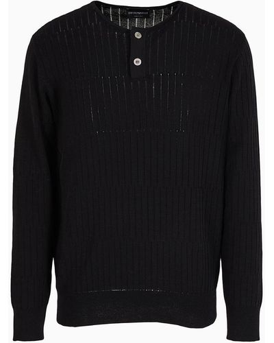 Emporio Armani Henley Jumper With Horizontal Punching - Black