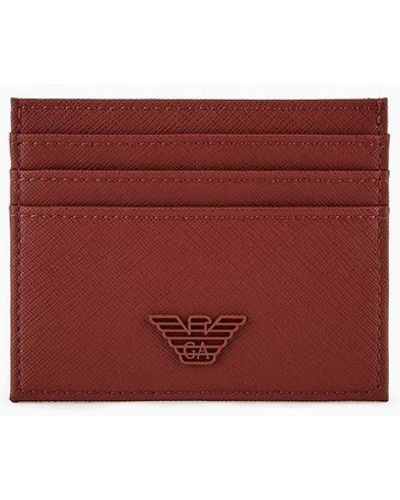 Emporio Armani Ari Sustainability Values Regenerated Saffiano Leather Card Holder With Rubberised Eagle - Red
