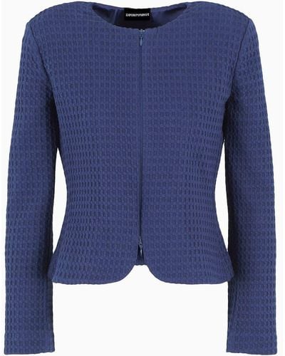 Emporio Armani Waffle-effect Knit Jacket With Zip And Peplum - Blue