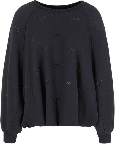 Emporio Armani Oversized Sweatshirt In Interlock Jersey With All-over Rhinestoned Eagles - Black