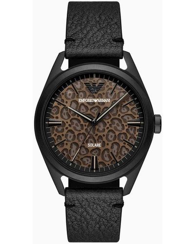 Emporio Armani Solar-powered Three-hand Black Leather Watch