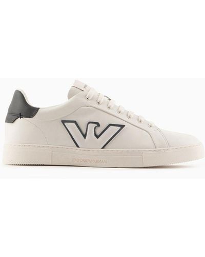 Emporio Armani Leather Trainers With Eagle Patch - Natural