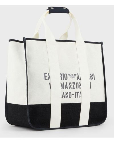 Emporio Armani Canvas Shopper Bag With Via Manzoni 31 Logo Print - Multicolor
