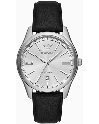 Emporio Armani Automatic Three-hand Date Black Leather Watch