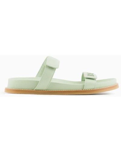 Emporio Armani Double-band Sandals In Nappa Leather With Ea Logo - Green