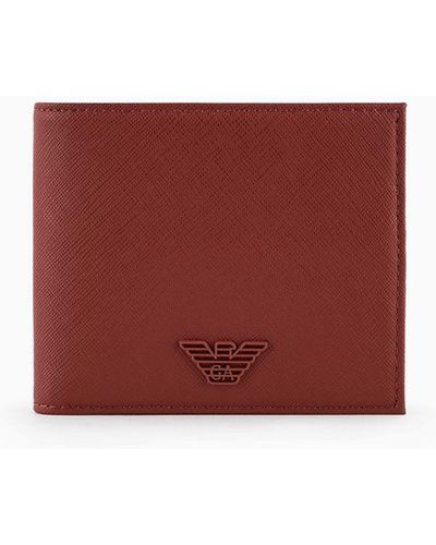 Emporio Armani Ari Sustainability Values Regenerated Saffiano Leather Card Holder Wallet With Rubberised Eagle - Red