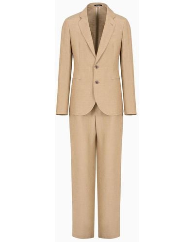 Emporio Armani Modern-fit Single-breasted Suit In Viscose And Linen-blend Crêpe - Natural