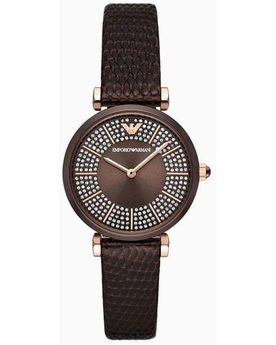 Emporio Armani Two-hand Brown Leather Watch - White