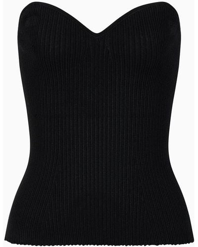 Emporio Armani Bustier Top With Sweetheart Neckline In A Viscose-blend Rib Knit - Black