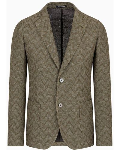 Emporio Armani Single-breasted Jacket In A Super-light Jersey Knit With A Chevron Motif - Green