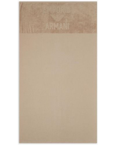 Emporio Armani Waffle-weave Terry Beach Towel With Logo - Natural