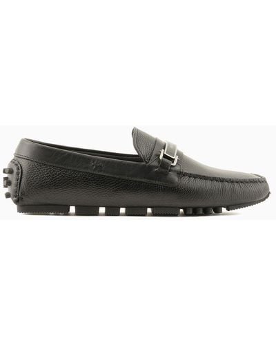 Emporio Armani Pebbled Leather Driving Loafers With Stirrup Bar - White