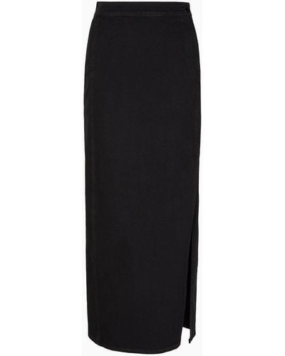 Emporio Armani Long Skirt With Slit In Worn-look Denim - Black